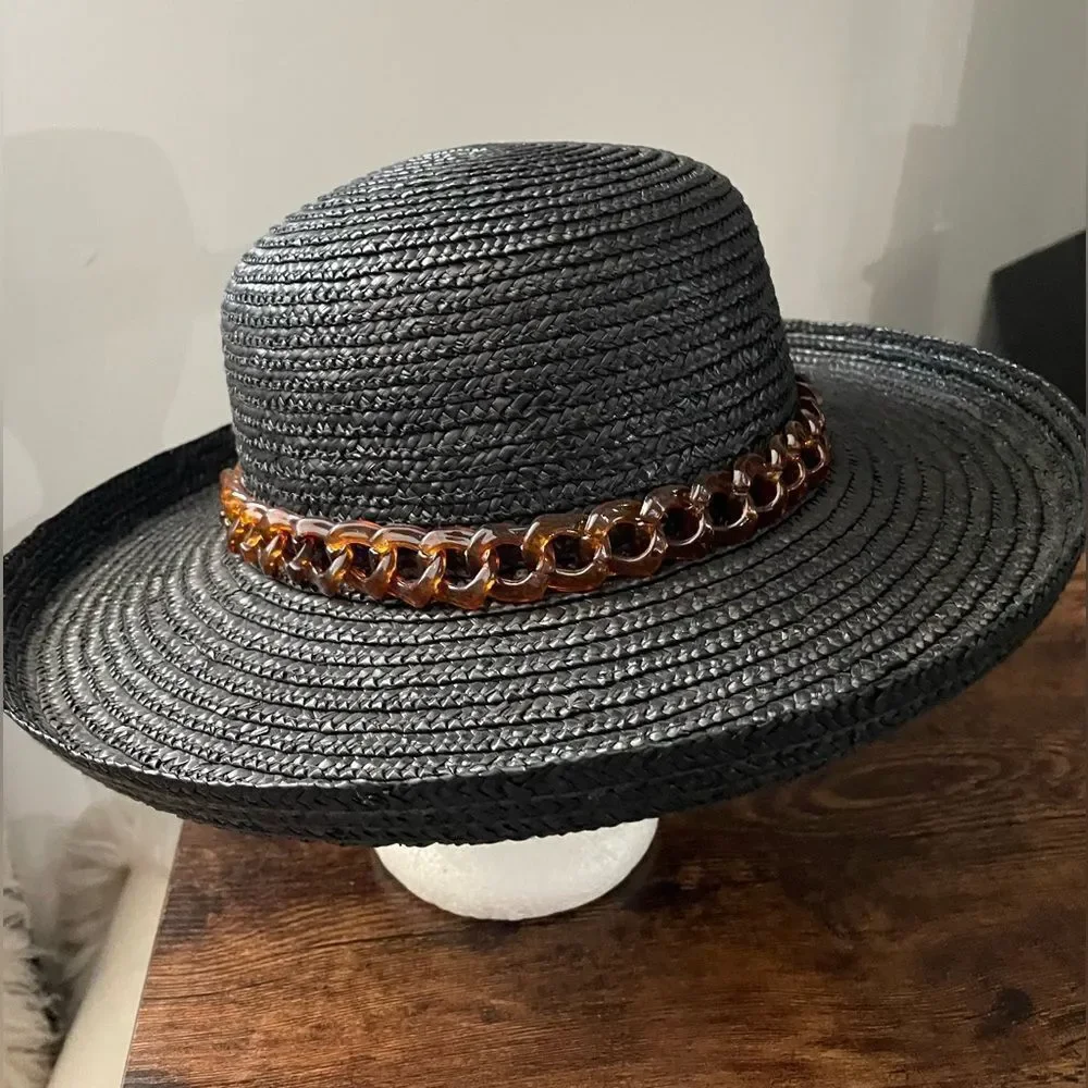 Vintage Straw Hat With Plastic Chain Hat Band Black